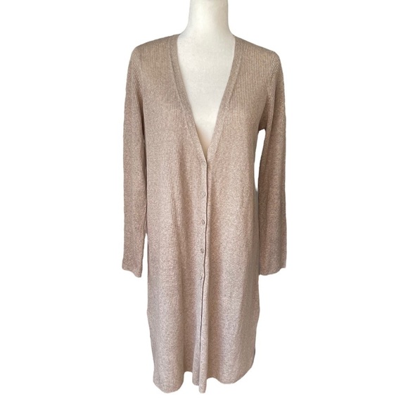 Eileen Fisher organic linen ribbed knit duster cardigan wheat color medium - Picture 3 of 6